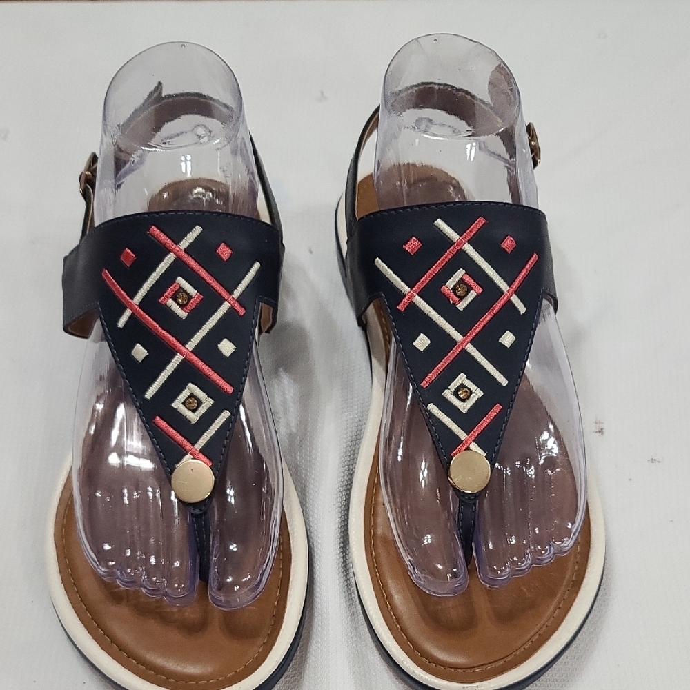 Teffis Womens Sandals Navy/Coral Rhinestones Buckles Sz 8?? Colombia EUC *READ*